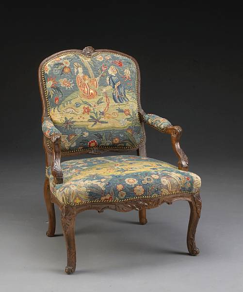 Appraisal: A Louis XV walnut and needlework upholstered fauteuil la reine