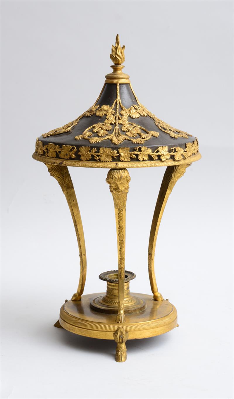 Appraisal: DIRECTOIRE STYLE ORMOLU AND PATINATED-BRONZE COVERED CANDLESTICK With a flaming