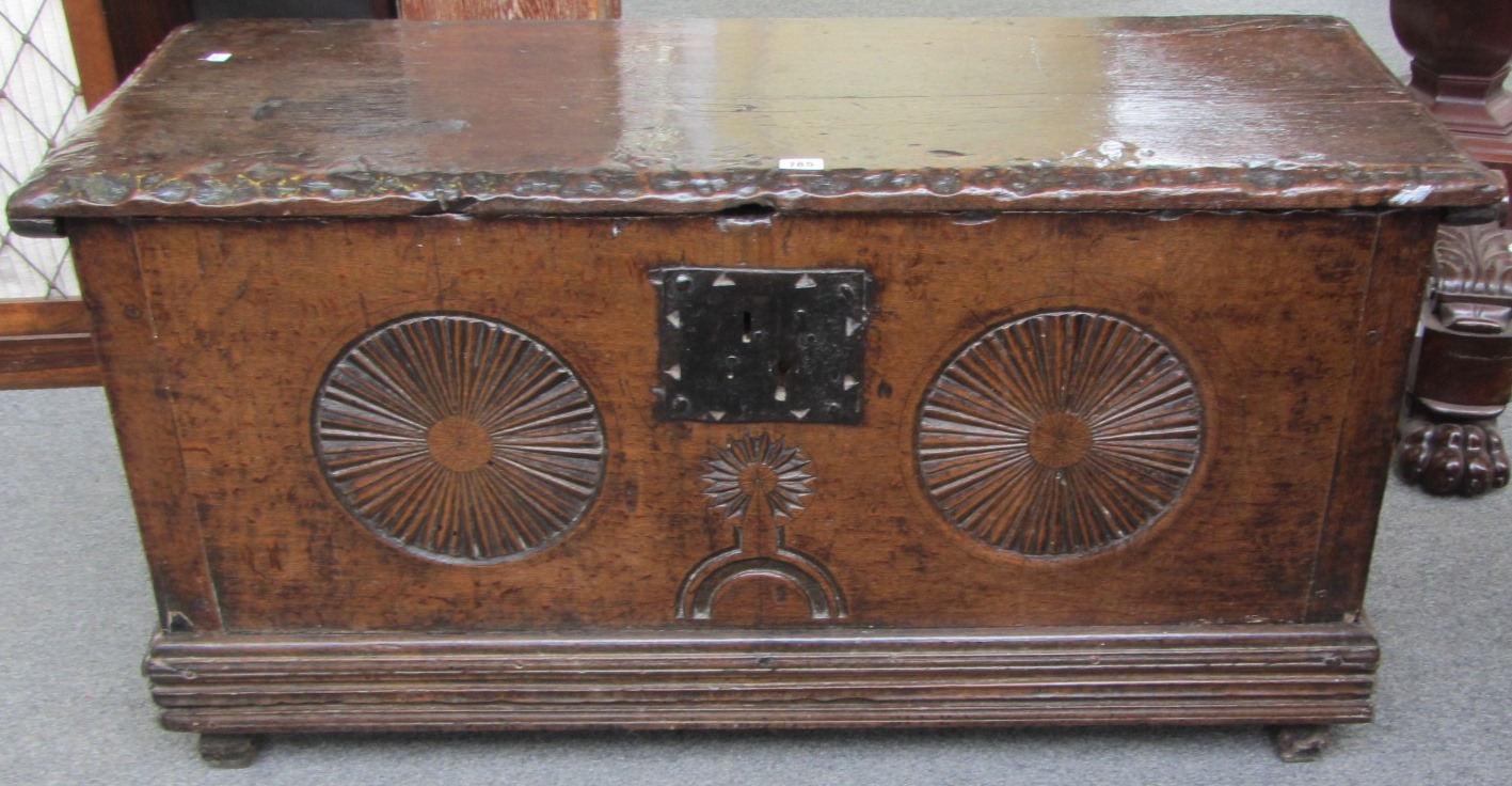 Appraisal: A th century oak coffer of solid plank construction with