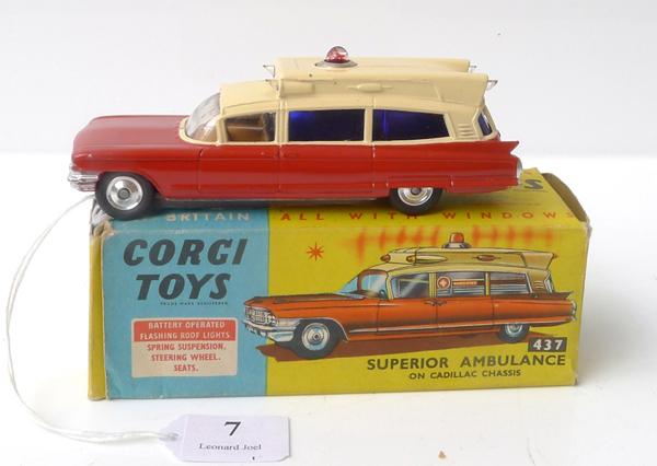 Appraisal: CORGI SUPERIOR AMBULANCE ON CADILLAC CHASSIS RED LOWER AND CREAM