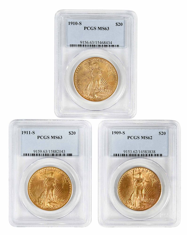 Appraisal: Three San Francisco St Gaudens Gold Coins fineness -S -S