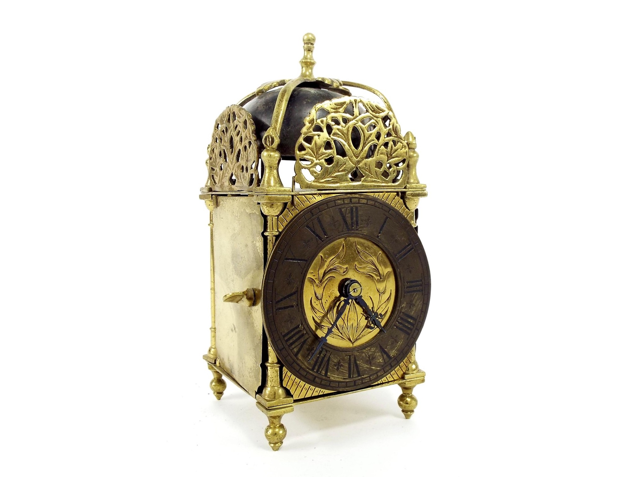 Appraisal: Small brass lantern clock timepiece with French carriage type movement