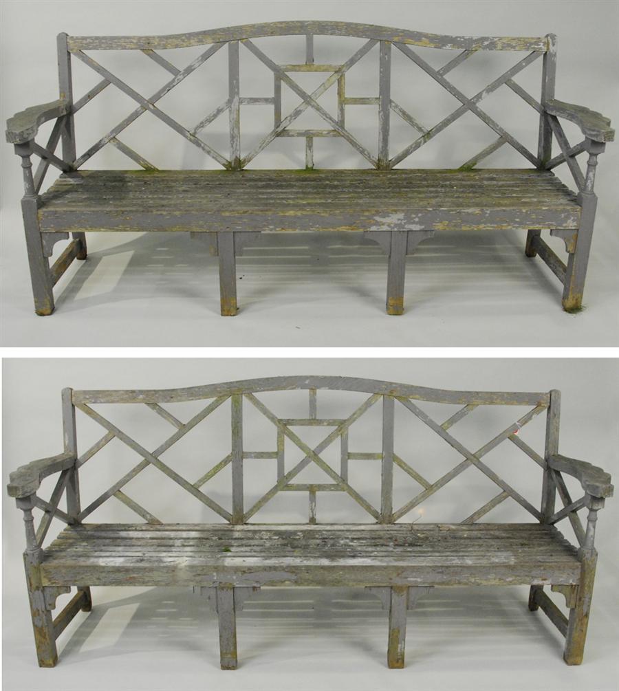 Appraisal: PAIR OF WOODEN GARDEN BENCHES with lattice work backs length