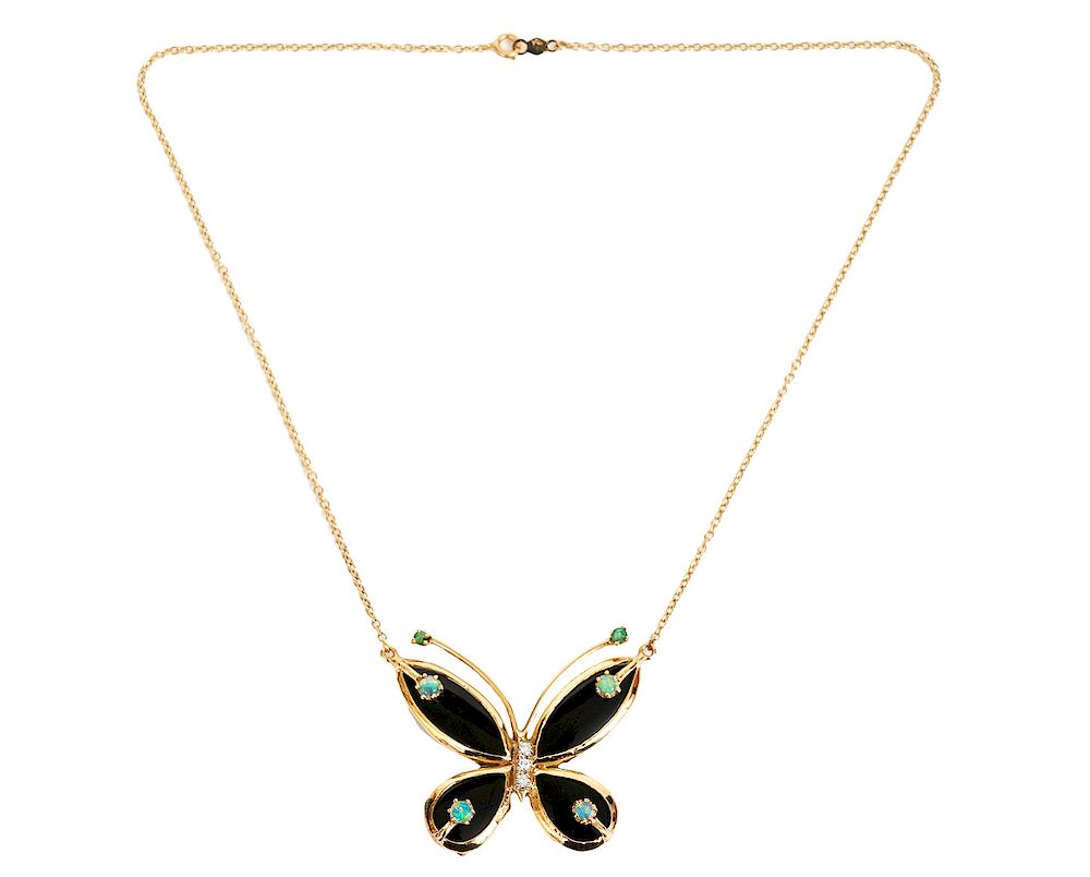 Appraisal: Diamond Opal Emerald Onyx Butterfly Necklace Diamond Opal Emerald Onyx