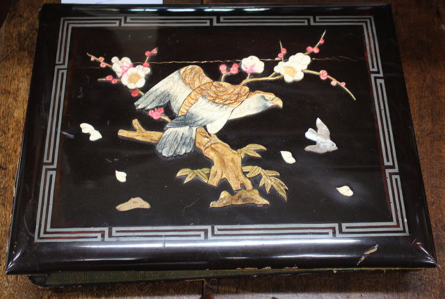 Appraisal: A JAPANESE BONE INLAID AND LACQUERED POSTCARD ALBUM with watercolour