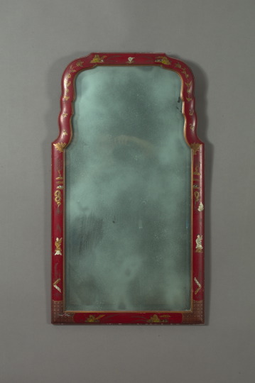 Appraisal: George VI Arched Parcel-Gilt and -Argente Red-Lacquer Looking Glass in