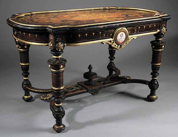 Appraisal: A Fine American Neo-Grec Inlaid Ebonized Porcelain-Mounted Burlwood and Rosewood