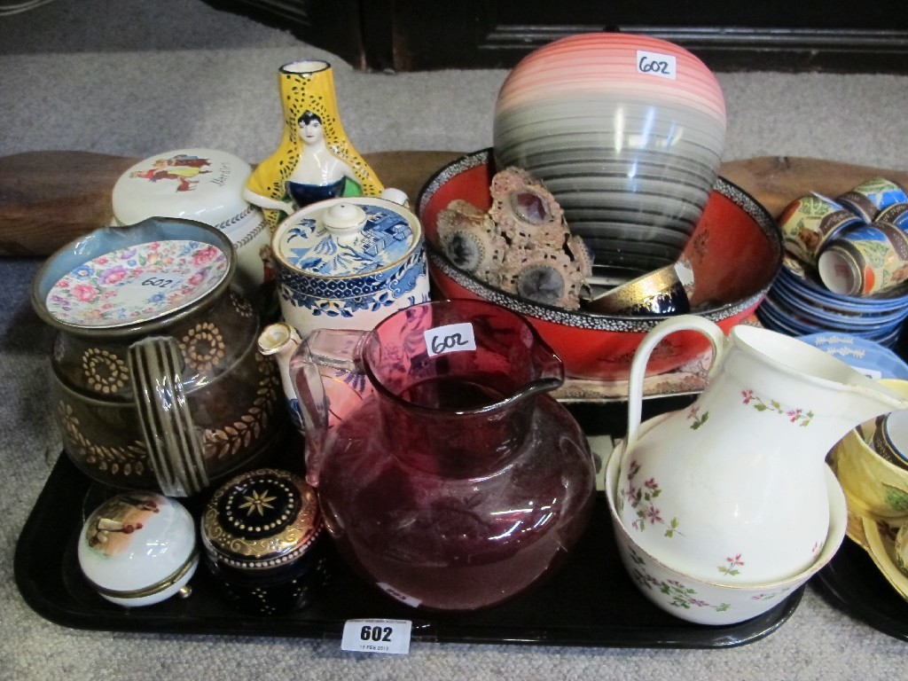 Appraisal: Tray lot to include cranberry glass jug assorted ceramics etc