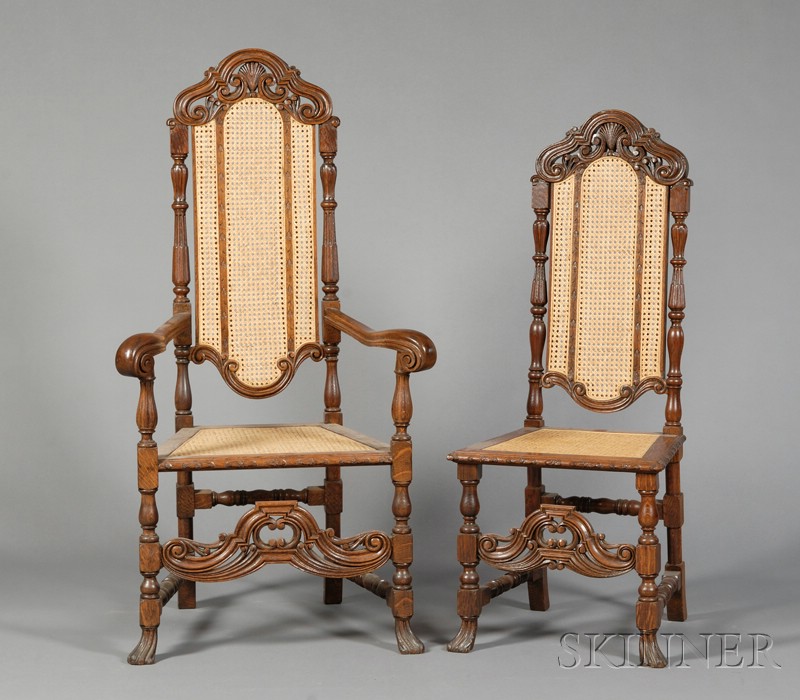 Appraisal: Set of Six William Mary Style Caned Oak Dining Chairs