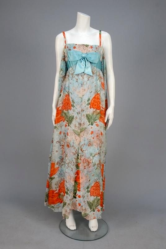 Appraisal: EMPIRE PRINTED SILK EVENING GOWN s Blue orange and green