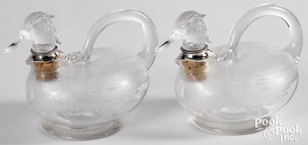 Appraisal: Pair of English etched glass duck decanters Pair of English