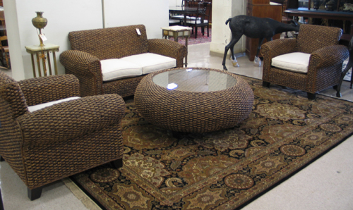 Appraisal: FOUR-PIECE BALI WATER HYACINTH AND TEAK SEATING FURNITURE SET loveseat