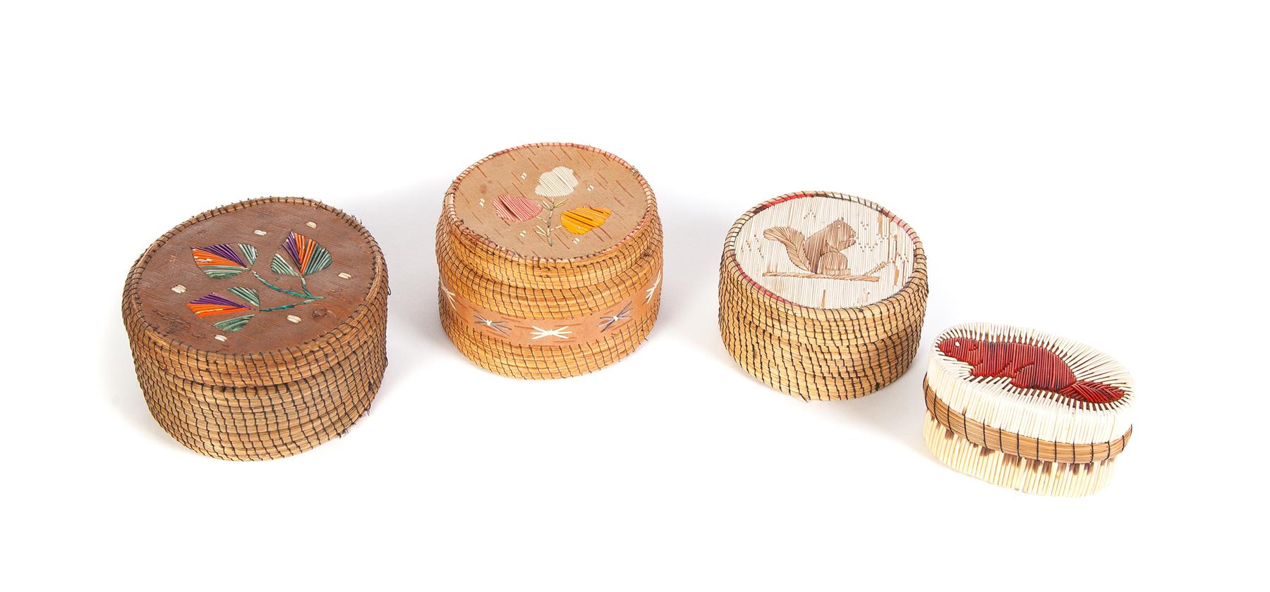 Appraisal: FOUR QUILL WORK AND GRASS LIDDED BOXES American th century