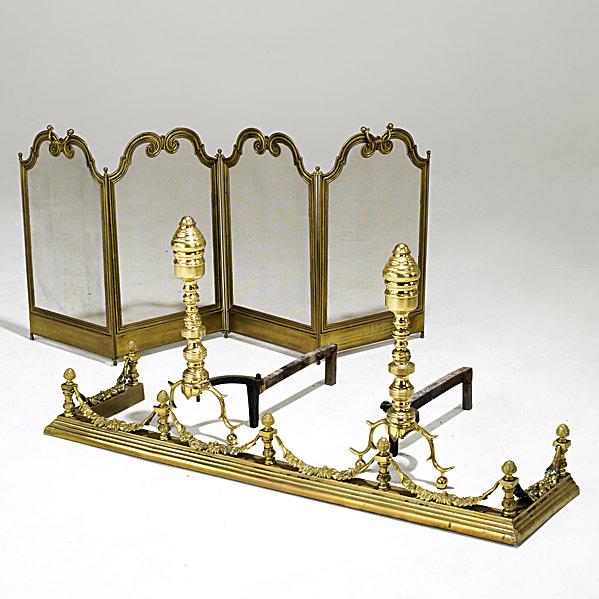 Appraisal: FIREPLACE ACCESSORIESPair of Empire style andirons four-section screen and fenderOne