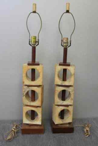 Appraisal: Pair of Midcentury Teak and Marble Lamps From a New