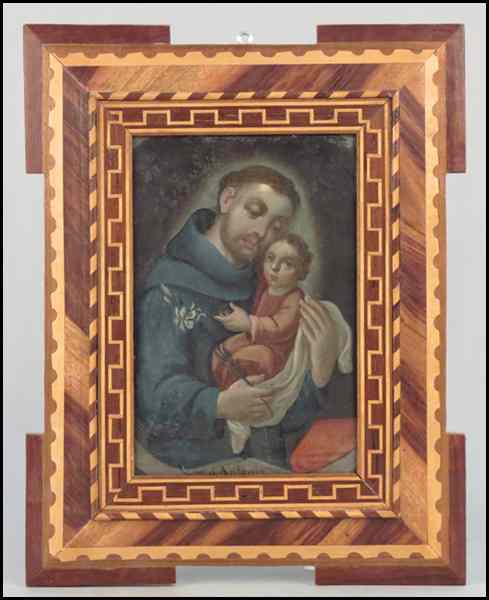 Appraisal: MEXICAN PAINTED TIN RETABLO OF ST ANTHONY AND THE CHRIST