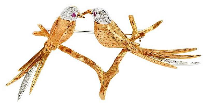 Appraisal: Merrin kt Gemstone Brooch lovebirds on a branch single cut