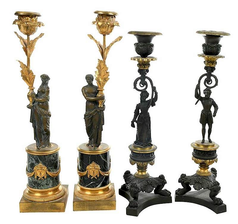 Appraisal: Two Pairs Gilt Bronze Figural Candlesticks Continental th century two