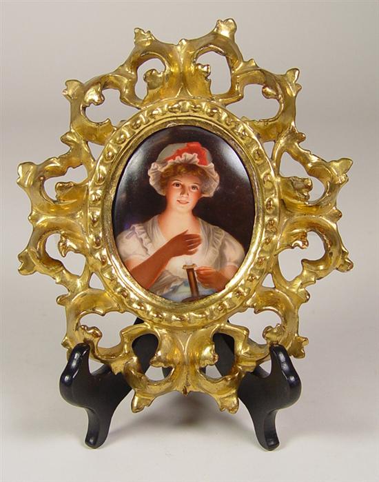 Appraisal: Hand Painted Miniature Portrait on Porcelain Young maiden with candlestick