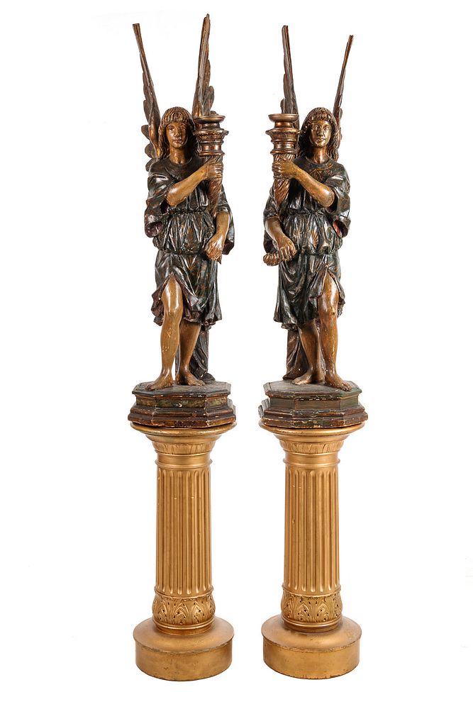 Appraisal: A Pair of Continental Carved and Painted Figural Prickets with