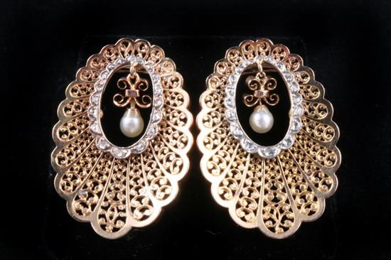 Appraisal: PAIR NAPOLEAN III K YELLOW GOLD FILIGREE DIAMOND AND NATURAL