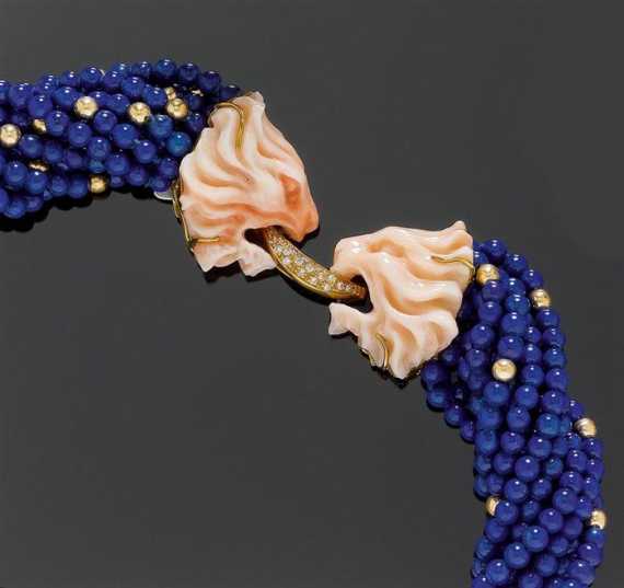 Appraisal: LAPIS-LAZULI CORAL AND DIAMOND TORSADE Yellow gold Fancy twelve-row necklace