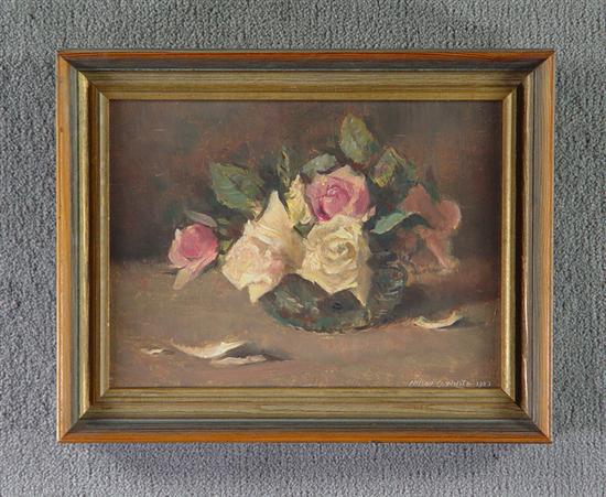 Appraisal: Oil on Board Table Still Life Bowl with roses Signed