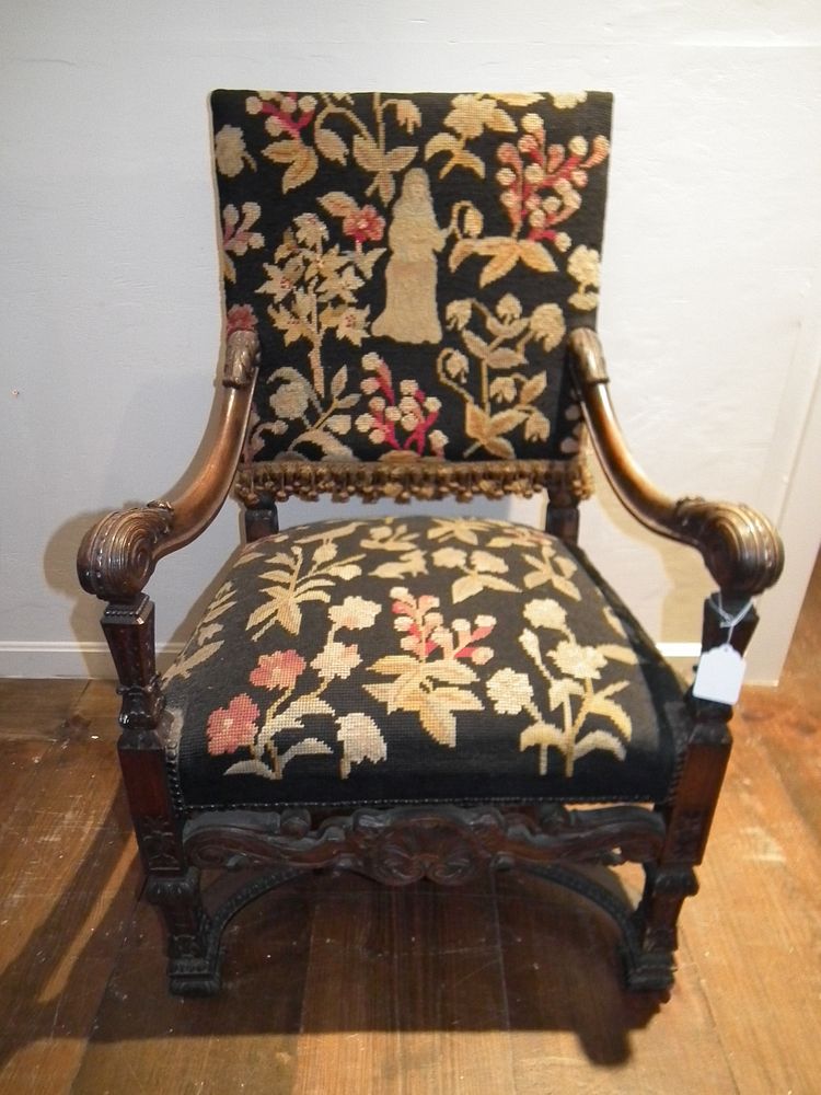 Appraisal: ANTIQUE TAPESTRY ARMCHAIR th century highly carved William and Mary