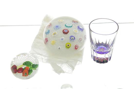 Appraisal: TWO PAPERWEIGHTS AND A GLASS Perthshire faceted shotglass with a