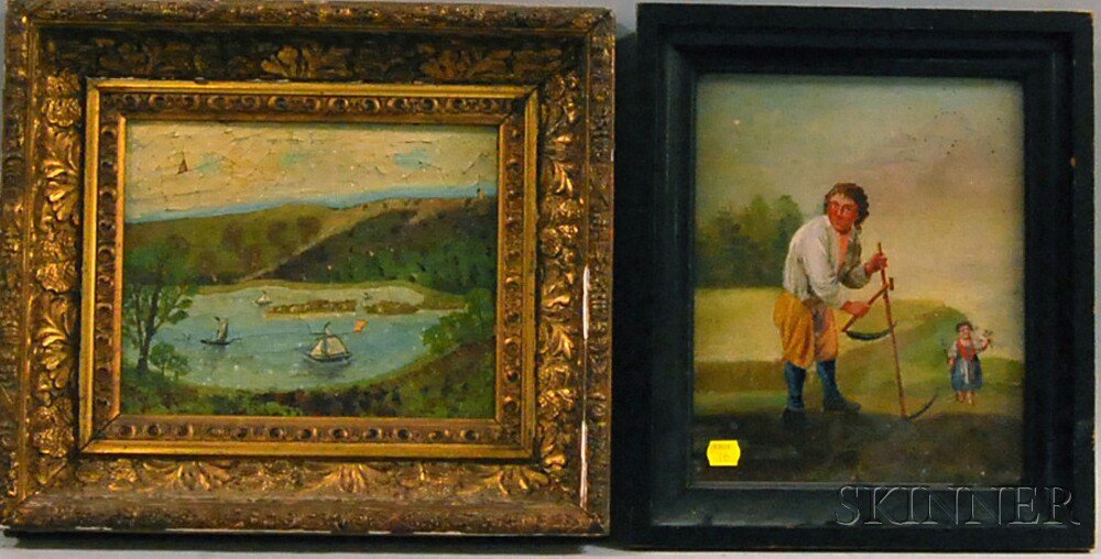 Appraisal: Two Framed Folk Paintings a reverse-painted scene depicting a farmer