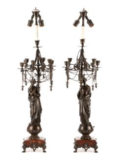 Appraisal: Pair French Neoclassical Bronze Candelabrum Lamps Continental likely French late