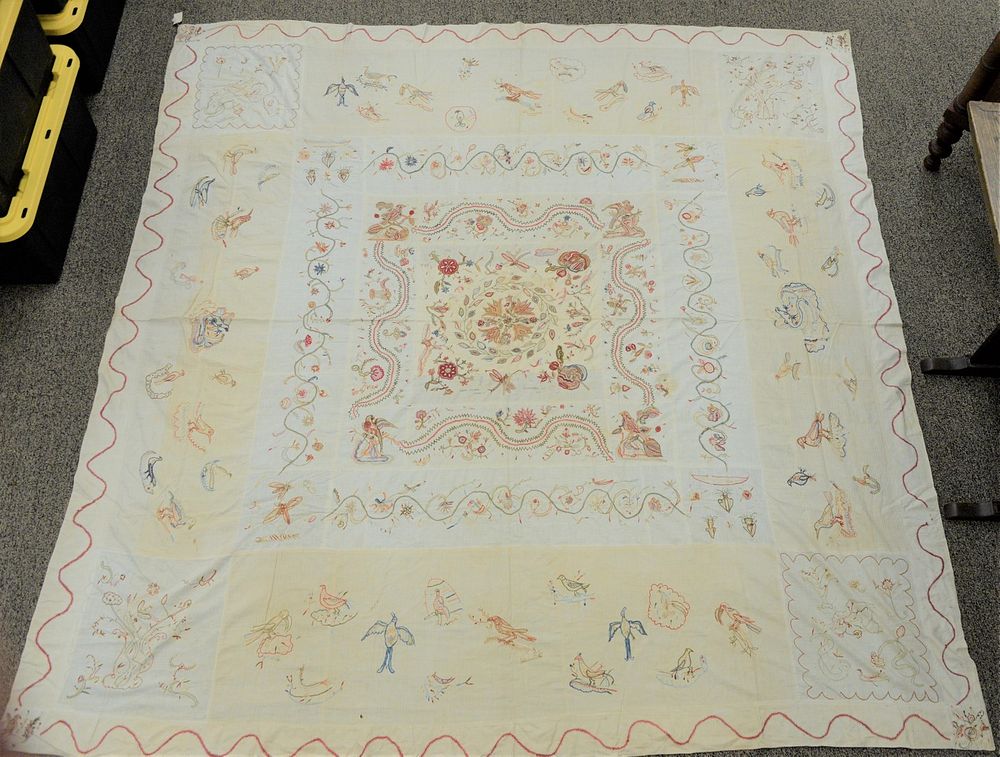 Appraisal: Embroidered Bed Cover with flowers birds bugs and lizards signed