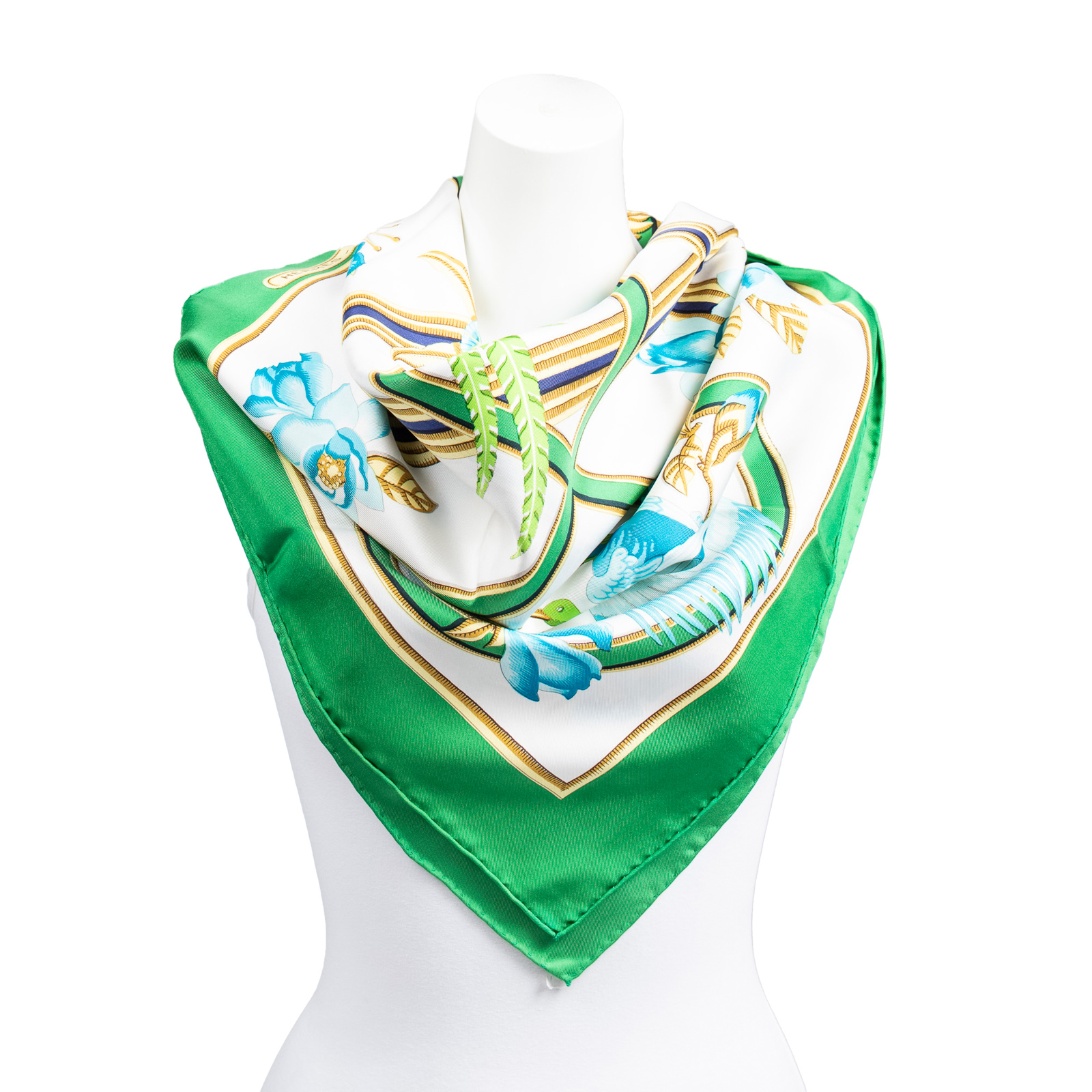 Appraisal: AN HERMES CARAIBES SCARF Green white and multicolor Hermes cm