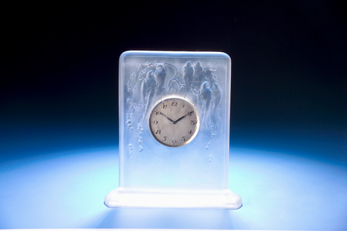 Appraisal: R LALIQUE Clock Six Hirondelles Perchees clear and frosted with