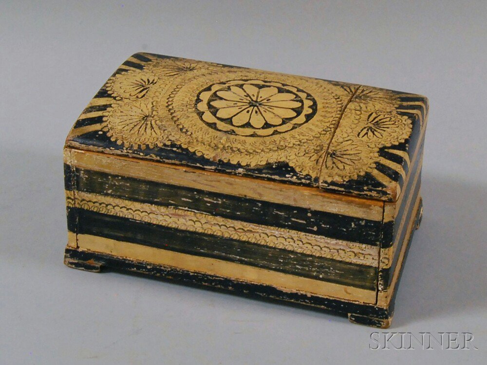 Appraisal: Paint-decorated Wooden Trick Box rectangular box decorated with black stamped