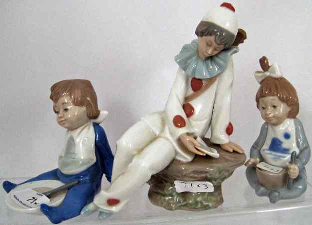 Appraisal: Nao Figures of A Boy Clown Reading on Rock A