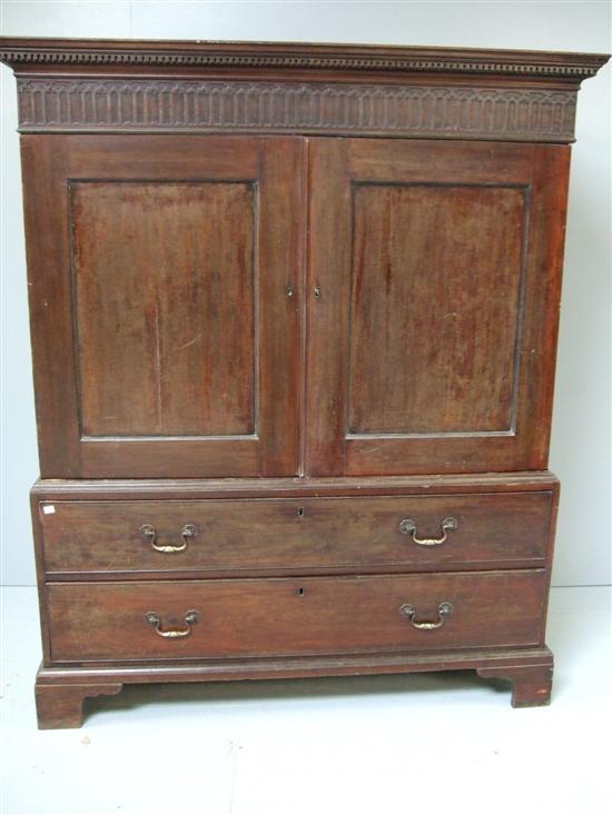 Appraisal: George III mahogany linen press two cupboard doors lacking trays