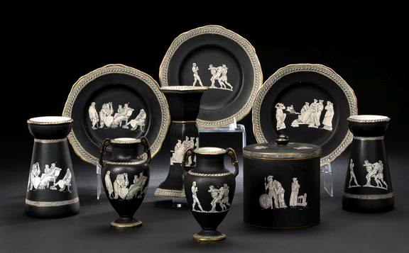 Appraisal: Rare Nine-Piece Collection of F and R Pratt Staffordshire Black-Ground