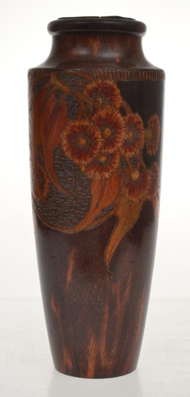 Appraisal: AUSTRALIAN POKERWORK GUM NUT AND LEAF VASE AUSTRALIAN POKERWORK GUM