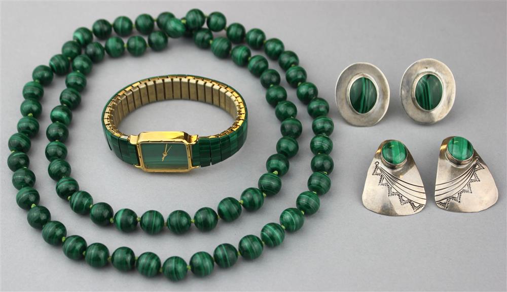 Appraisal: TWO STERLING AND MALACHITE EARRING SETS WITH A MALACHITE BEADED