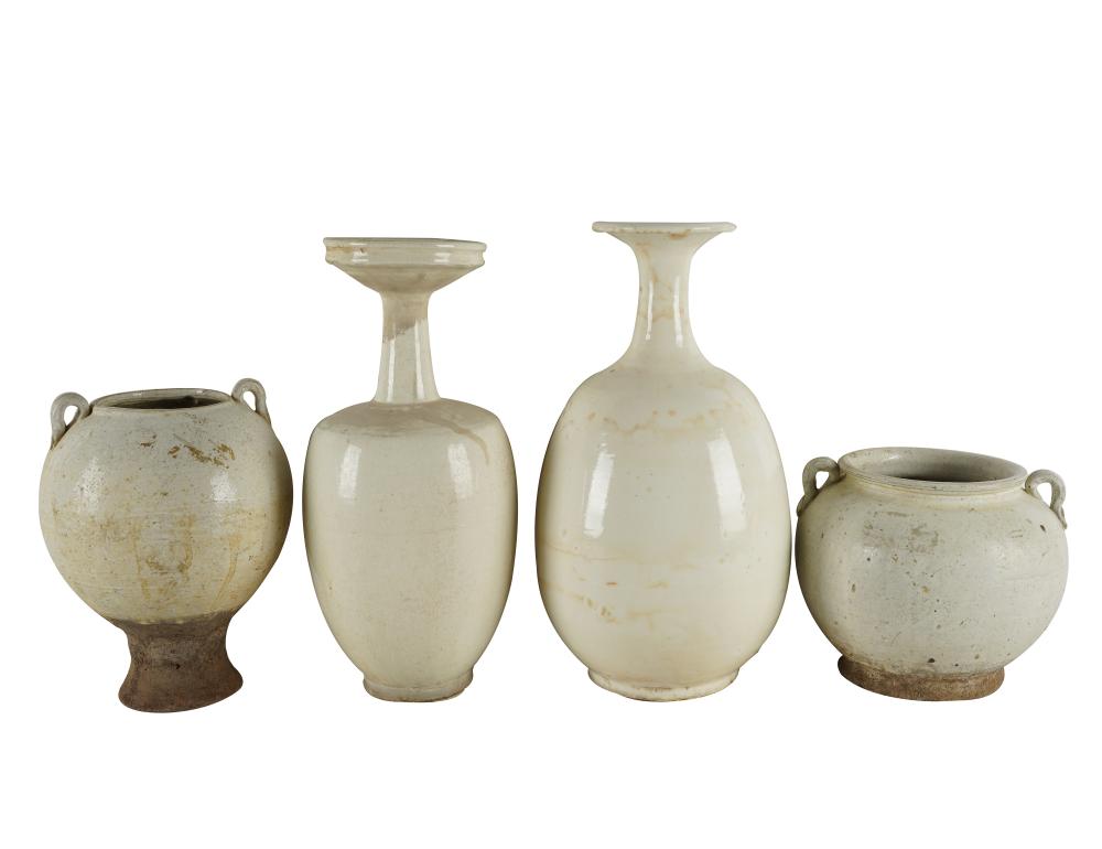 Appraisal: FOUR CHINESE WHITE-GLAZED POTTERY VESSELSunsigned Provenance The Jim Belushi Collection