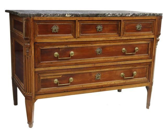 Appraisal: French Louis XVI marble-top mahogany commode late th early th