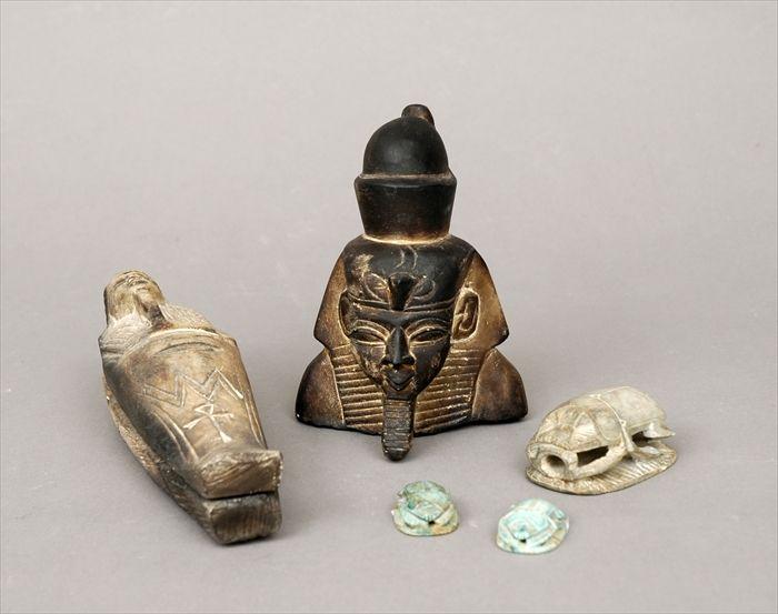 Appraisal: Egyptian Mummy Figure a Head of a Man and Three