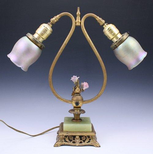 Appraisal: STEUBEN AURENE LIGHT LAMP Shades marked with acid fleur-de-lis stamp