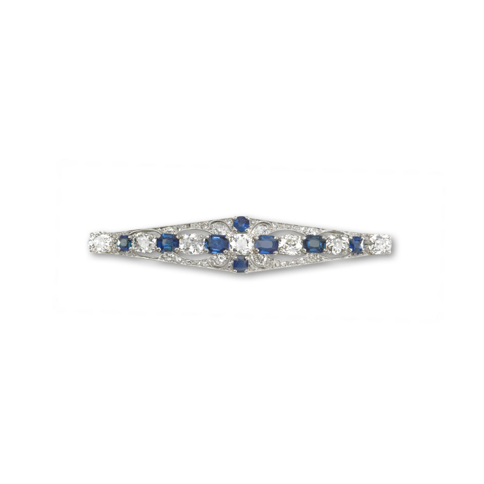 Appraisal: Platinum Filigree Bar Pin set with various cut sapphires ct