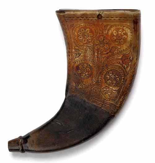 Appraisal: Bone powder horn early th c with incised floral trailing