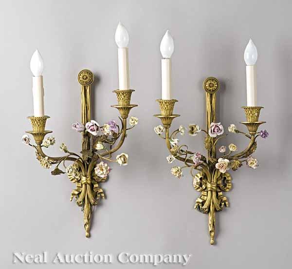 Appraisal: Two French Gilt Bronze Sconces th c with applied porcelain