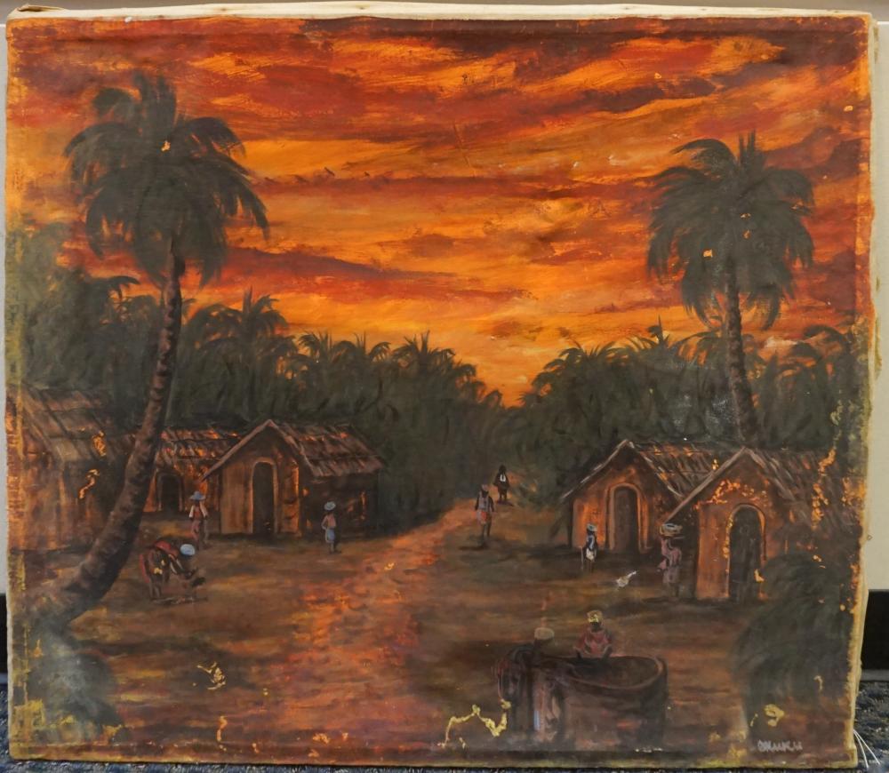 Appraisal: African School th Century African Village Signed Okuku Oil on