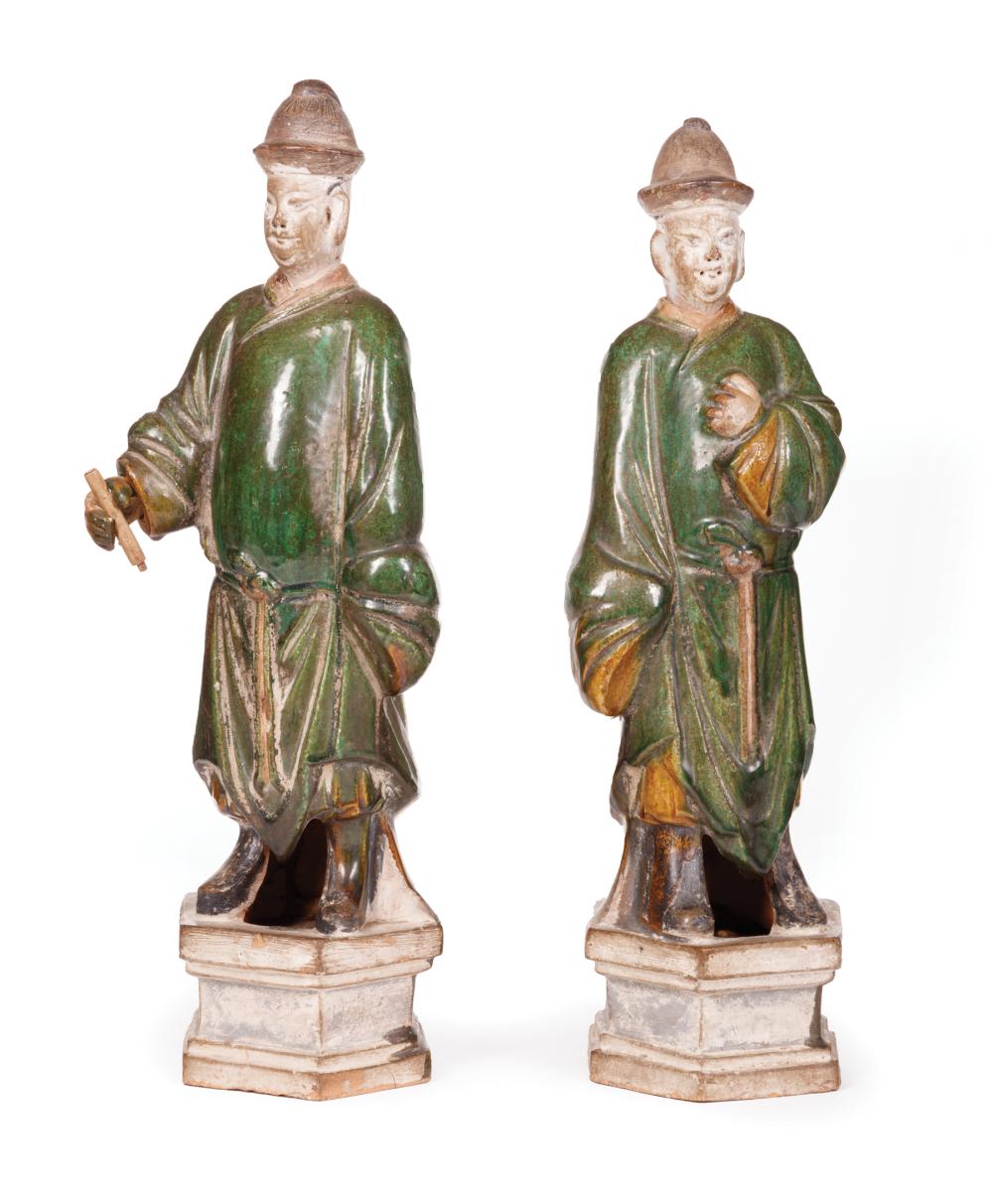 Appraisal: Two Chinese Sancai Glazed Pottery Attendants Ming Dynasty - male