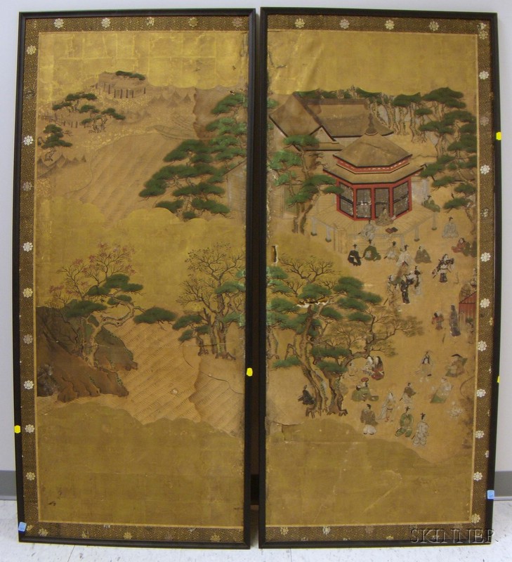 Appraisal: Two Framed Japanese Painted Landscape and Figures in Landscape Paper